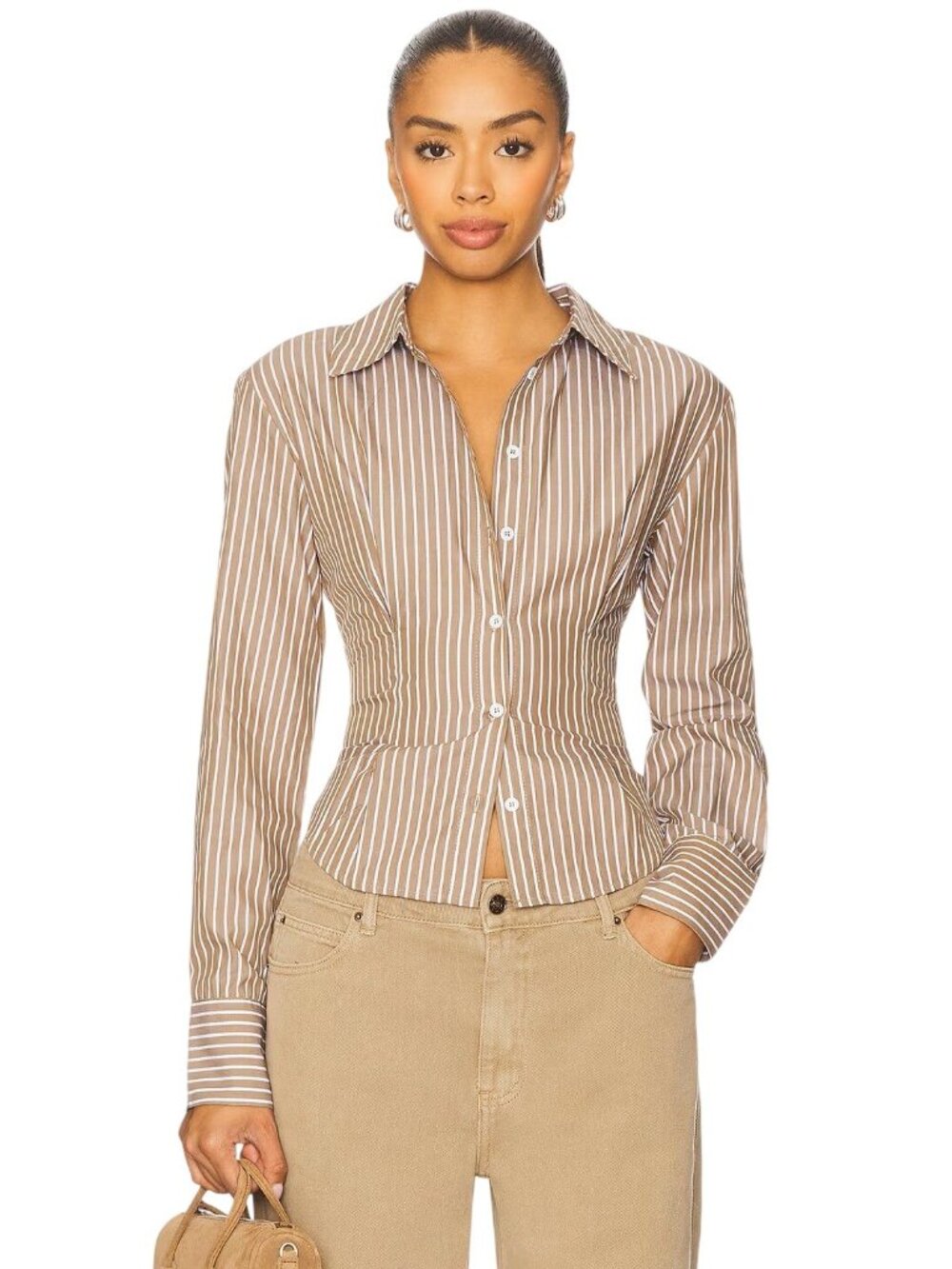 ALL THE WAYS Ellie Button Up Top in Brown Stripe Medium New Womens Shirt Blouse